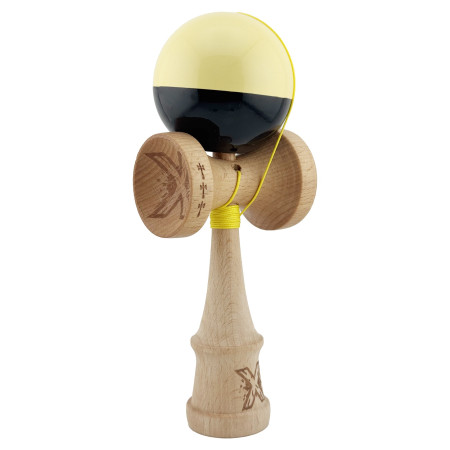 Kendama X Originala, Profesionala, Cyrax, Big Cups V2, Super Sticky cu Cupe Mari, Rulment Metalic, din lemn 18 cm, Ata 55 cm, Galben/Negru
