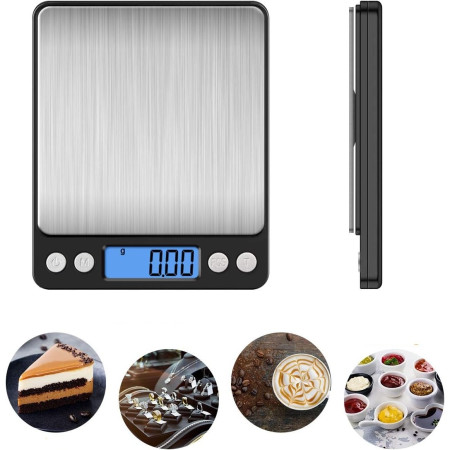 Mini Cantar Electronic, Cyrax, pentru Alimente/Bijuterii, max 3 Kg, 2 x AA, 12.7 x 10.6 x 1.9 cm, Negru/Gri