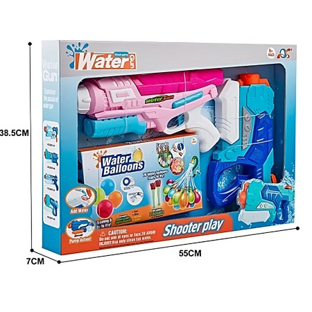 Set 2x Pistol cu Apa pentru Copii, Cyrax, 6ani+, cu baloane de apa, Albastru + Roz, 1x 600 ML +  1x 550 ML