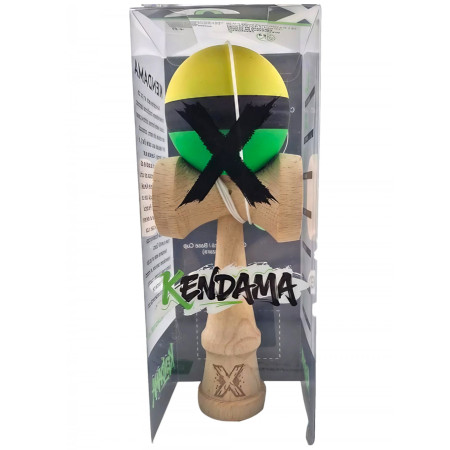 Kendama X Originala, Profesionala, Cyrax, din Lemn, Rubber Grip, 18 cm, Galben/Negru/Verde