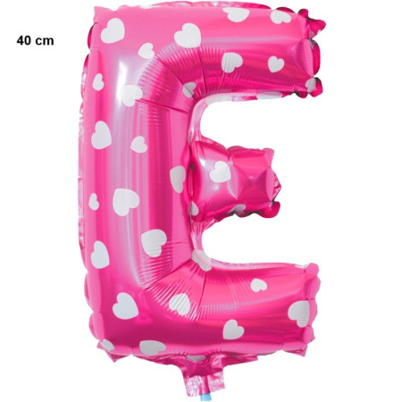 Balon Folie Metalizata Litera E, Cyrax, 40 cm, Cu Imprimeu Inimioare, Umflati cu Heliu sau Aer, Ambalaj Individual, Pai inclus, Roz