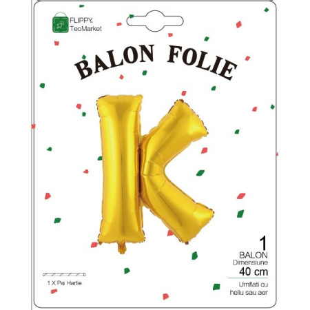 Balon Folie Metalizata Litera K, Cyrax, 40 cm, Umflati cu Heliu sau Aer, Ambalaj Individual, Pai inclus, Auriu