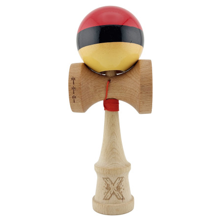 Kendama X Originala, Profesionala, Cyrax, Big Cups V2, Super Sticky cu Cupe Mari, Rulment Metalic, din lemn 18 cm, Ata 55 cm, Rosu/Negru/Galben