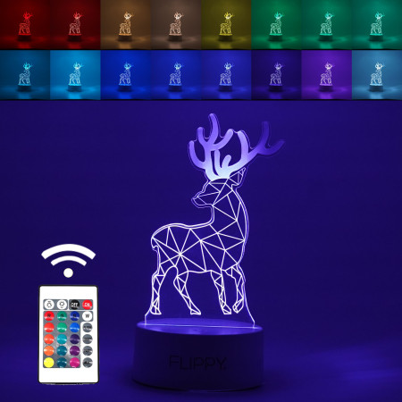 Lampa LED decorativa,  3D, Cerb, cu telecomanda, doua moduri de alimentare USB si baterii, 20 cm inaltime, din material acril si lumina multicolora, alb