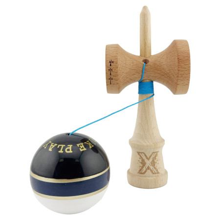 Kendama X ROYAL SPIKE Originala, Profesionala, Cyrax, Big Cups V2, Super Sticky cu Cupe Mari, Rulment Metalic, din lemn 18 cm, Ata 55 cm, Negru/Dark Blue Gold/Alb