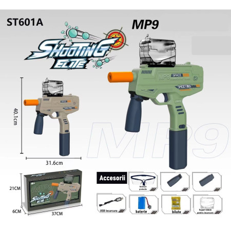 Mitraliera de jucarie electrica Cyrax cu bile de hidrogen de gel, gun bluster, tragere in rafala, varsta peste 6 ani, ochelari de protectie,  5000 de bile incluse, cablu de incarcare, 40.1 x 31.6 cm, Mp9, crem