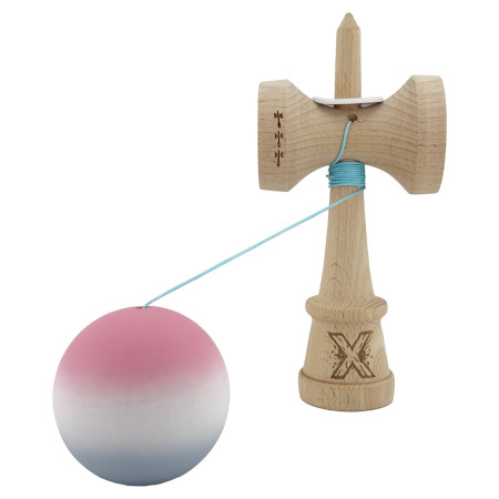 Kendama X Originala, Profesionala, Cyrax, Rubber Grip, Cupe Mari KING SIZE V3, Gaura in Baza, Rulment Metalic, din lemn 18 cm, Ata 62/65 cm, Gradient Roz/Alb/Gri