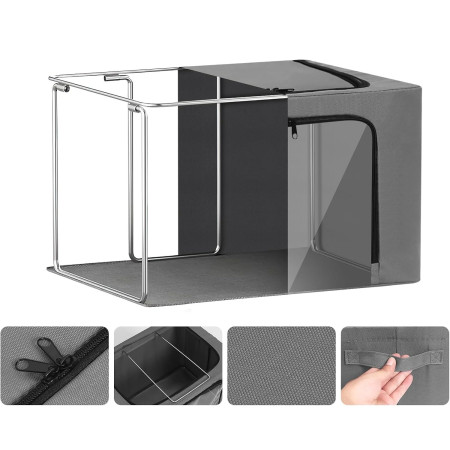 Cutie de Depozitare,  cu 3 Ferestre cu Fermoar Bidirectional, Cadru din Otel, Impermeabil, 38L, 42 x 30 x 30 cm, Gri Inchis