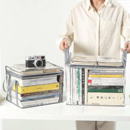 Cutie de Depozitare,  din PVC + Textil, Rezistenta la Apa, Geanta pentru Carti, 38x24x32 cm, Transparent-Alb