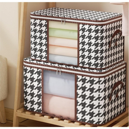 Cutie de Depozitare Pliabila,  55x35x25 cm, 50 L, Fereastra Frontala, cu Fermoar Bidirectional, Suport Baza Stabil, Imprimeu in Carouri, Alb/Negru