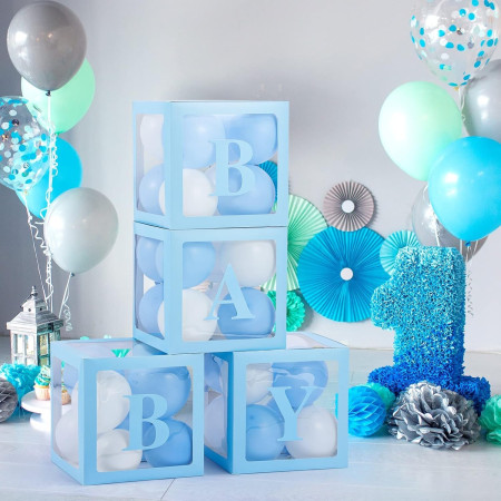 Set 4 Cutii pentru Baloane, Cyrax, Model Scris Baby, Tematica Iubire, Cuburi Decorative din Plastic, Accesorii pentru Petrecere, 30 x30 cm, Transparente Contur Albastru