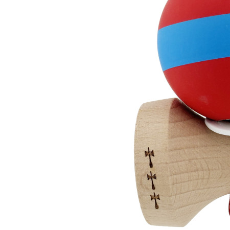 Kendama X Originala, Profesionala, Cyrax, Cupe Mari KING SIZE V3, Rubber Grip, Gaura in Baza, Rulment Metalic, din lemn 18 cm, Ata 62/65 cm, M Bicolor Rosu/Albastru