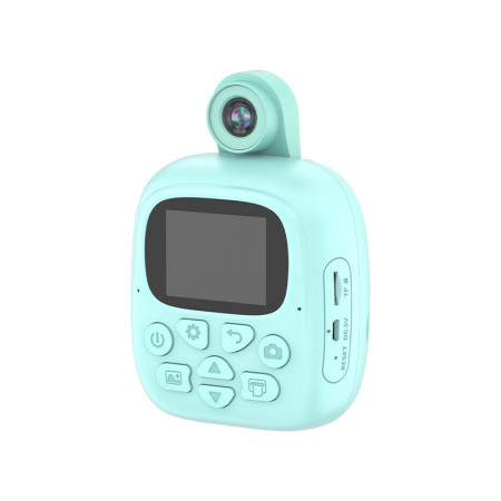 Set Camera Instantanee pentru Copii, Cyrax, Camera 180° Selfie, Ecran HD 2'', 24MP, 720P Video, 1200 mAh, cu Functie de Printare Alb-Negru, cablu USB-C, Bluetooth, Compatibil iOS/Android, Imprimare APP, Model Dino, Turcoaz