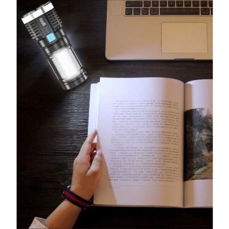 Lanterna LED Tactica 2 in 1,  4 Moduri de Iluminare, Tip Proiector COB, Rezistenta la Apa, Reincarcabila, USB, Lanterna de Drumetii, 13.6 x 5 cm, Negru