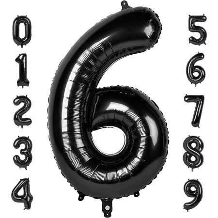 Balon din Folie Metalizata Cyrax, Figurina Cifra, Tema Aniversare 40 cm, Ambalaj Individual, Pai inclus, Umflare cu Aer sau Heliu, Negru, Cifra 6