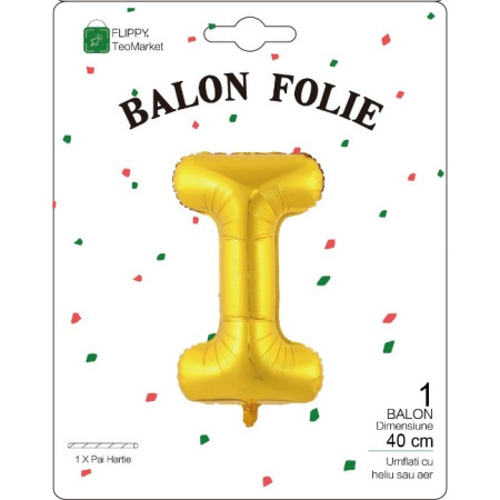 Balon Folie Metalizata Litera I, Cyrax, 40 cm, Umflati cu Heliu sau Aer, Ambalaj Individual, Pai inclus, Auriu