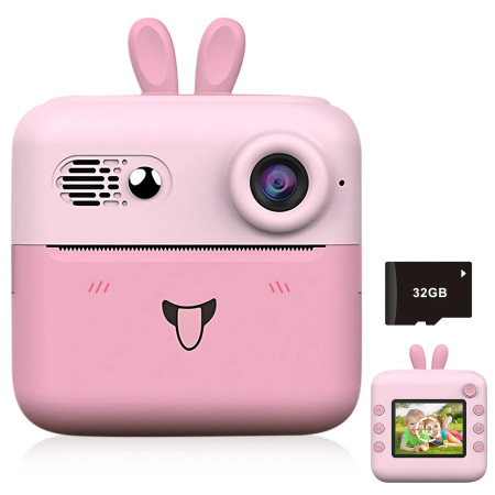 Set Camera Instantanee pentru Copii, Cyrax, Ecran HD 2.4'', 24MP, 720P Video, 1200 mAh, cu Functie de Printare Alb-Negru, cablu USB-C, Bluetooth, Compatibil iOS/Android, Imprimare APP, Model Iepure, Roz