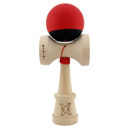 Kendama X Originala, Profesionala, Cyrax, Cupe Mari KING SIZE V3, Rubber Grip, Gaura in Baza, Rulment Metalic, din lemn 18 cm, Ata 62/65 cm, Bicolor Rosu/Negru