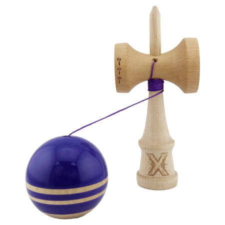 Kendama X Rainbow Originala, Profesionala, Cyrax, Big Cups V2, Super Sticky cu Cupe Mari, Rulment Metalic, din lemn 18 cm, Ata 55 cm, Violet/Maro