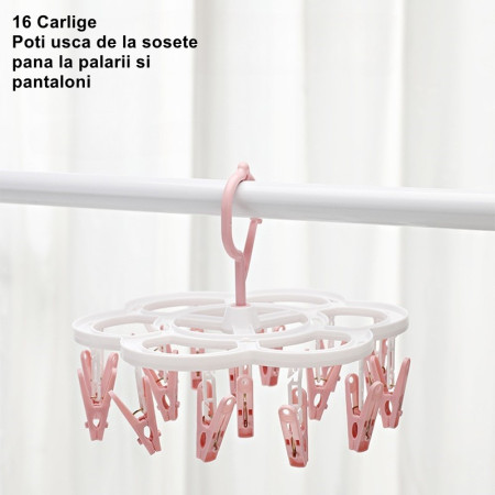 Uscator de Rufe Suspendat  cu 16 Carlige, Rotire 360 Grade, Mateiral Plastic, Usor de Depozitat, Multifunctional, 26 x 21 cm, Roz