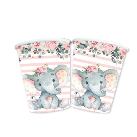 Set 10 Pahare, Cyrax, Imprimeu Elefant, din Carton, 7.5 x 8.5 cm, Roz