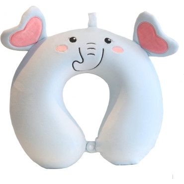 Perna de Calatorie in Forma de U,  Pentru Gat si Cap, Umplutura din Spuma cu Memorie, 30x30 cm, Model Elefant, Accesoriu de Voiaj, Birou, Masina, Sistem Prindere Capse, Albastru
