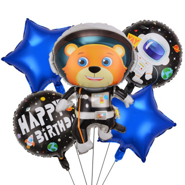 Set 5 baloane din folie metalizata HAPPY BIRTHDAY, Cyrax, Figurina Model Ursuletul Spatial, Stelute Albastre, Adeziv si pai incluse, 78 x 45cm, Multicolor