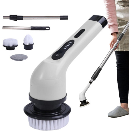 Perie Electrica de Curatare,  pentru Gresie, Baie, Bucatarie, 25x20x9.5 cm, cu 6 Capete, Maner Extensibil Detasabil 84-127cm, Incarcare USB-Type C, Rotire 360 de Grade, 3000 mAh, Culoare: Alb