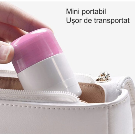 Cutie Pastile Multifunctionala,  4 in 1, Pahar Apa, Taiere, Sfaramare, Depozitare, Compact, ABS cu Lama din Inox, Alb/Roz, 8.7x6.2x4.1 cm