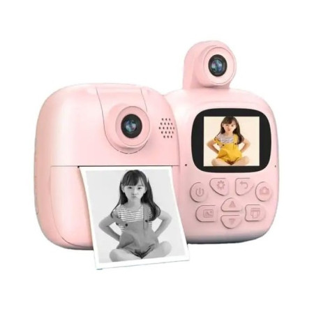 Camera Instantanee pentru Copii, Cyrax, Camera Frontala + Selfie, cu Functie de Printare, Cablu USB-C, Bluetooth, Compatibil iOS/Android, Imprimare APP, Model Bunny, Roz
