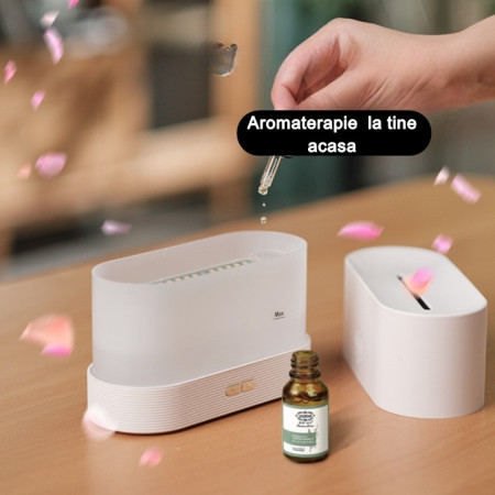 Difuzor de ulei esential cu flacara  aromaterapie, umidificator de aer, rezervor 180 ml, simulare efectelor de iluminare a flacarii, lumina veghe ajustabila, alb