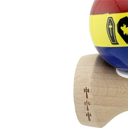 Kendama X Originala, Profesionala, Cyrax, Tricolor Edition Vampir Dracula, Super Sticky cu Cupe Mari KING SIZE V3, Rulment Metalic si Gaura in Baza, din Lemn 18 cm, Ata 62/65 cm, Multicolor