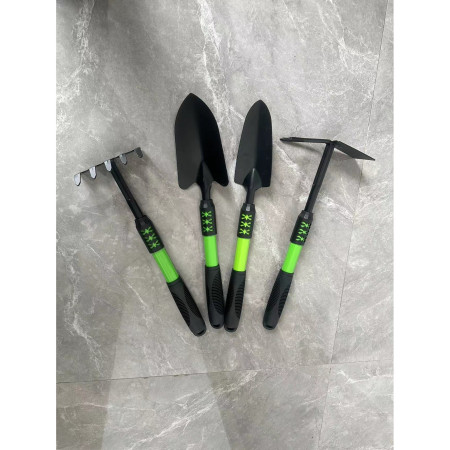 Set 4 Unelte de Gradina  pentru Plantare, Prelucrare Sol si Ingrijire Plante, Material PVC Carbon, Grebla, Sapaliga cu Cap Dublu, Lopata Mica, Lopata Lata, 43 x 11 cm, Negru/Verde