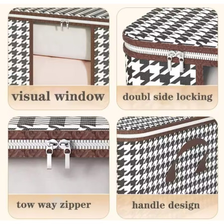 Cutie de Depozitare Pliabila,  55x35x25 cm, 50 L, Fereastra Frontala, cu Fermoar Bidirectional, Suport Baza Stabil, Imprimeu in Carouri, Alb/Negru