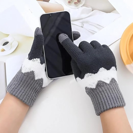 Manusi de Dama,  Model Ondulat, Functie Touchscreen (ecran tactil), Material Acril Tricotat, Manseta Elastica, Interior Catifelat, Marime Universala, Gri/Alb