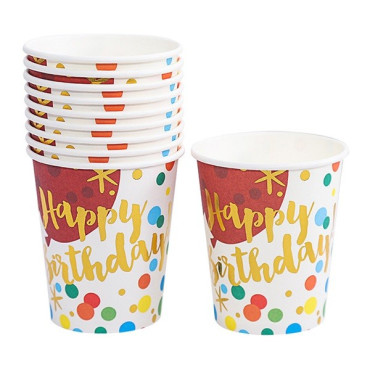 Set 10 Pahare, Cyrax, Imprimeu Happy Birthday Baloane, din Carton, 250 ml, 7.5 x 8.5 x 5.2 cm, Multicolor