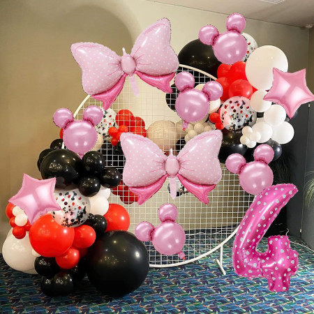 Balon din Folie Metalizata Cyrax, Figurina Cifra, Imprimeu Inimi, Tema Aniversare 80 cm, Ambalaj Individual, Pai inclus, Umflare cu Aer sau Heliu, Roz, Cifra 4