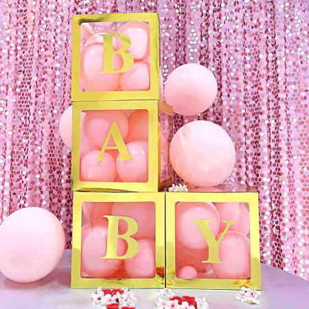 Set 4 Cutii pentru Baloane, Cyrax, Model Simplu, Tematica Aniversare, Cuburi Decorative din Plastic, Accesorii pentru Petrecere, 30 x30 cm, Transparente Contur Auriu