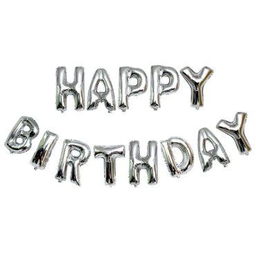 Set 13 Baloane Folie, Cyrax, Tip Ghirlanda, Model Happy Birthday, 40 cm, Argintiu