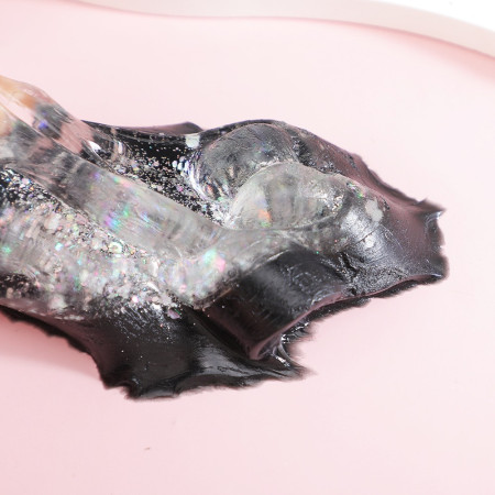 Jucarie Antistres Squishy, Cyrax, cu Revenire Lenta, Squeeze Pinch Family, Model Labuta de Pisica cu Sclipici, 6.5x6 cm, 60g, Ambalaj Transparent, Alb-Negru