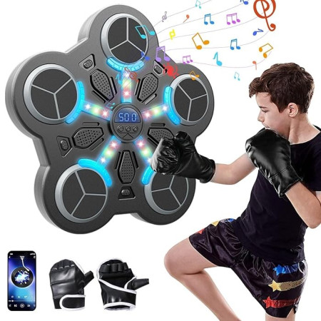Jucarie de Boxat cu Muzica si Lumini, Cyrax, Manusi Incluse, Bluetooth, Incarcare USB, Aplicare cu Ventuze, 5 Tinte, 33x33x4.5 cm, 930 g, Negru