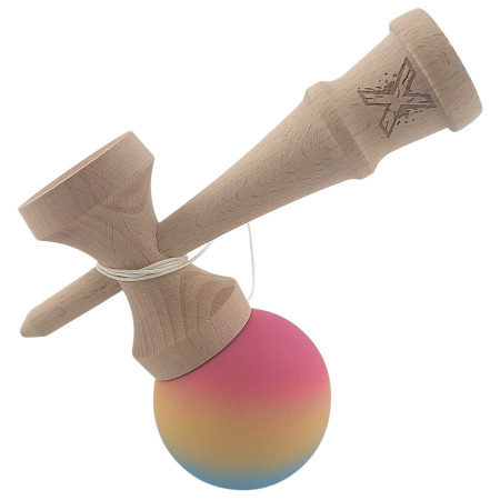 Kendama X Originala, Profesionala, Cyrax, din Lemn, Rubber Grip, 18 cm, Roz/Galben/Albastru