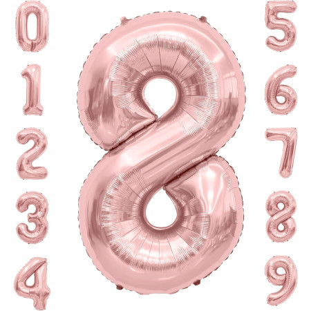Balon din Folie Metalizata Cyrax, Figurina Cifra, Tema Aniversare 40 cm, Ambalaj Individual, Pai inclus, Umflare cu Aer sau Heliu, Rose Gold, Cifra 8