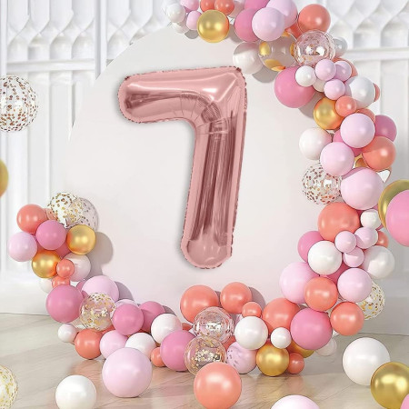 Balon din Folie Metalizata Cyrax, Figurina Cifra, Tema Aniversare 40 cm, Ambalaj Individual, Pai inclus, Umflare cu Aer sau Heliu, Rose Gold, Cifra 7