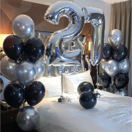 Set 10 Baloane din Latex Chrome, Cyrax, Model Party, 23 cm, Negru Argintiu, 2.2 g