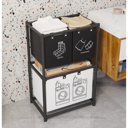 Cos de Rufe,  cu 2 Etaje,  3 Cosuri, Cadru de Otel Inoxidabil, 97x28x57 cm, Negru