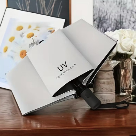 Umbrela de Ploaie Unisex,  cu Protectie UV Soare, Rezistenta la Vant si Ploaie, Pliabila, din Vinil si Otel, 96 x 67 cm, Bej deschis