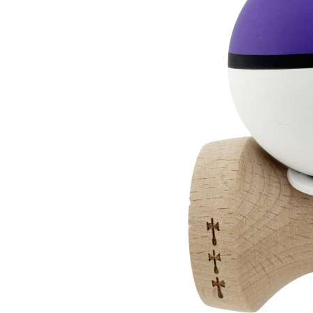 Kendama X Originala, Profesionala, Cyrax, Cupe Mari KING SIZE V3, Rubber Grip, Gaura in Baza, Rulment Metalic, din lemn 18 cm, Ata 62/65 cm, S Bicolor Violet/Alb