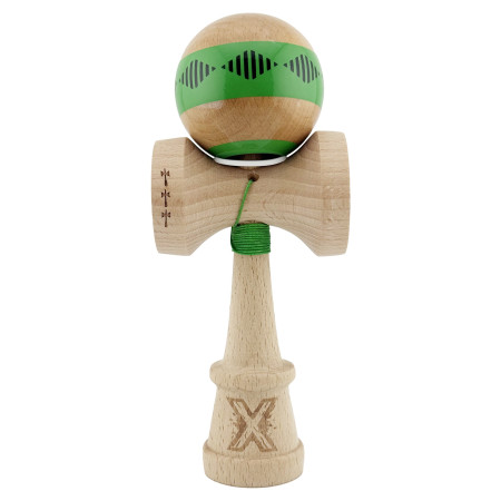 Kendama X Originala FREQUENCY, Profesionala, Cyrax, Cupe Mari KING SIZE V3, Super Sticky, Gaura in Baza, Rulment Metalic, din lemn 18 cm, Ata 55 cm, Verde/Maro