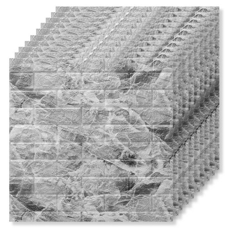 Set 10 Placi Tapet 3D,  70 x 77 cm, Grosime 3 mm, din Polietilena, Model Caramida, Suprafata acoperita 5.3 mp, Marmura Gri